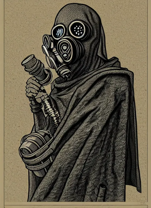 Prompt: portrait of the old necromancer, wearing a wizard cloak, gas mask, in the style of peter morchbacher, hyper detailed, intricate, complex, 8 k, crisp,