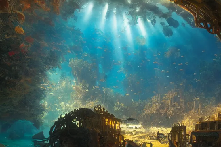 Prompt: a scenic view of the lost and abandoned city of Atlantic under water, ray of sunlight, coral reefs, fish flocks, Greg Rutkowski, Moebius, Mohrbacher, Mucha, blue and gold color scheme, ultra wide angle, light effect