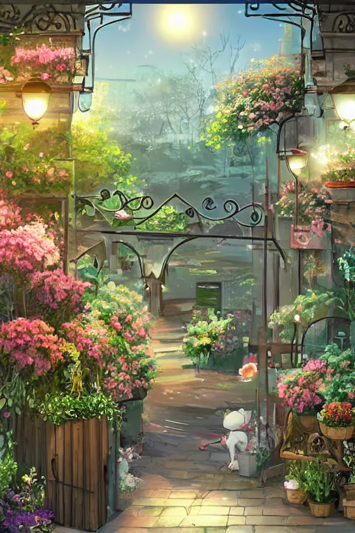 Image similar to a little flower shop's front gate, refreshing, digital illustration, dramatic lighting, pixiv