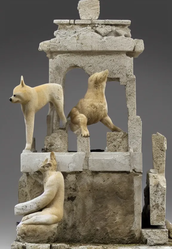 Image similar to ancient greek shrine to a shiba inu god, marble dog statues, ancient ruins