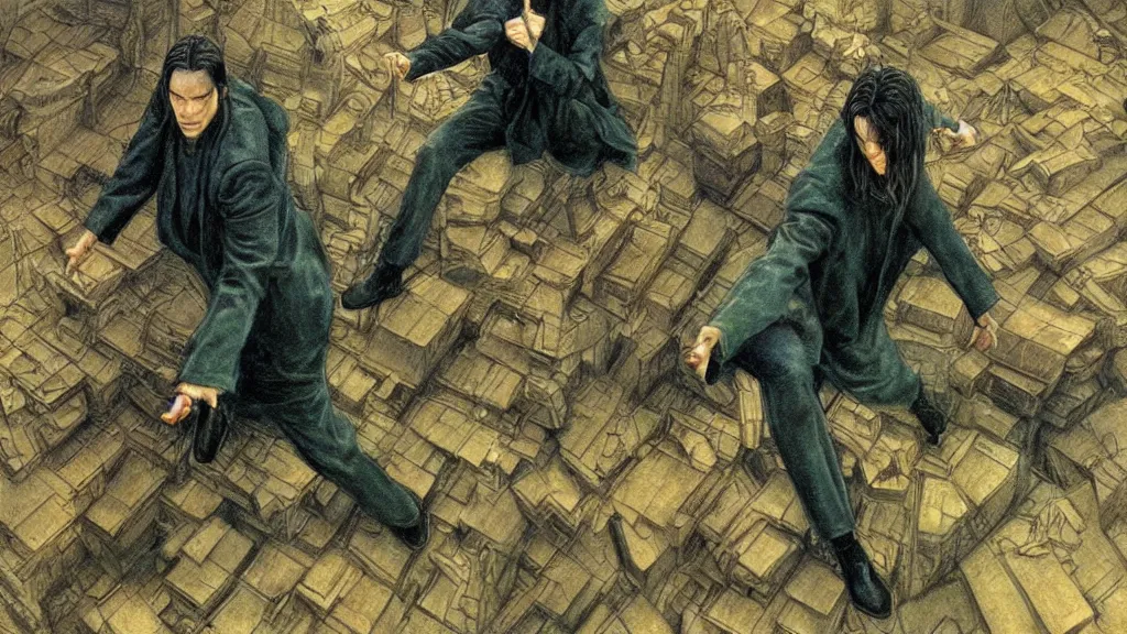 Prompt: an oil painting in the style of alan lee depicting the matrix ( 1 9 9 9 )