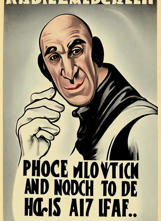 Prompt: portrait of glamorous bald medieval man with big nose and annoyed gesture,look of hate, threatening pose, 1940s propaganda poster, full hd,highly detailed