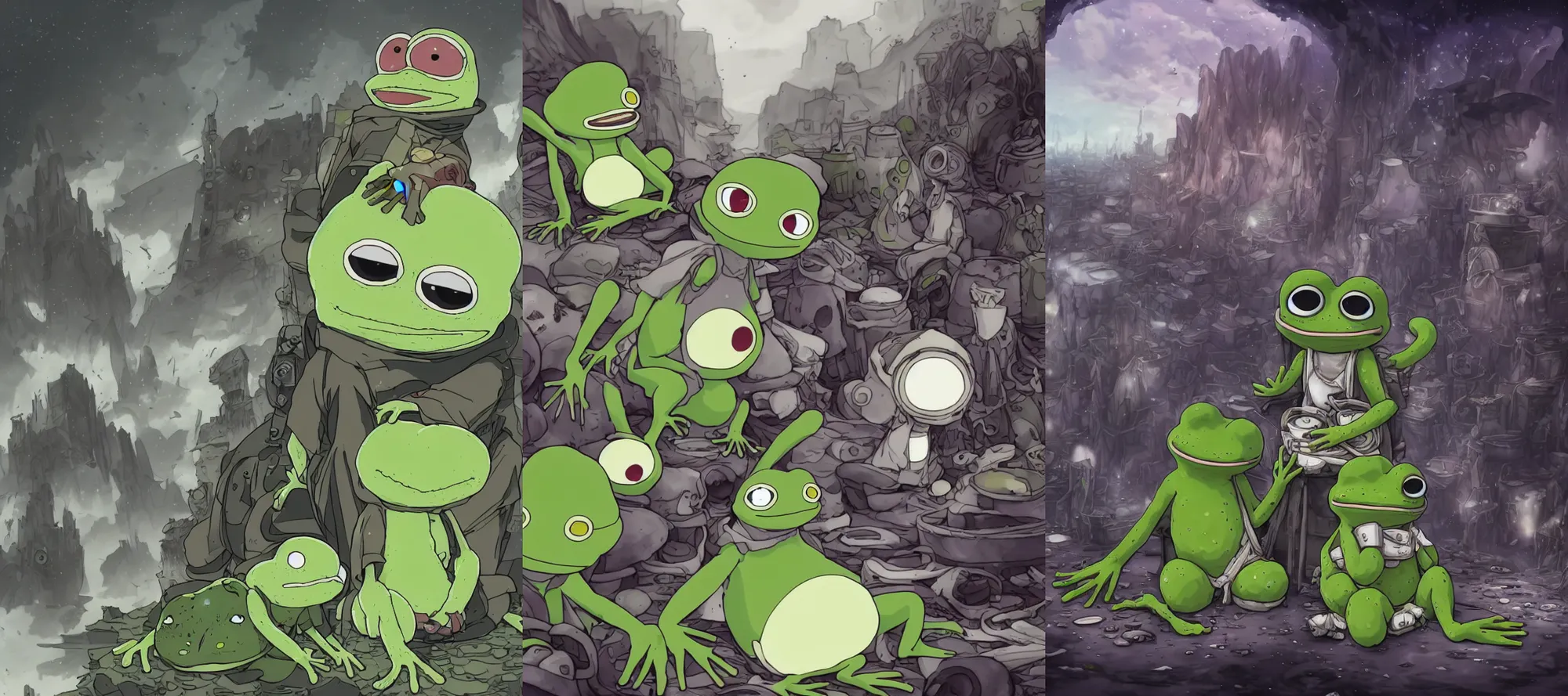 Prompt: resolution 4k worlds of loss and depression made in abyss design Akihito Tsukushi design body pepe the frog multiple figures war , battlefield darkness military drummer boy pepe , desolated city group of them a bloody conflict body horror curse of the abyss sitting by an ocean of blood the group of pepes sitting at the shore ivory dream like storybooks, fractals , pepe the frogs at war, art in the style of and Oleg Vdovenko and Akihito Tsukushi ,Stefan Koidl