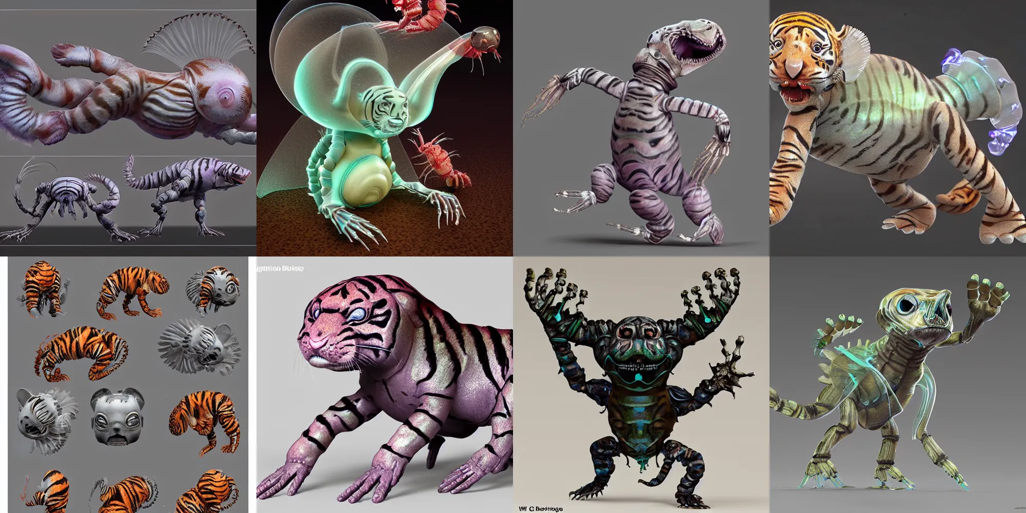 Prompt: cute! biomechanical baby tiger, by Wayne Barlowe, ghost shrimp, Barreleye fish, translucent SSS xray, Barreleye, rimlight, jelly fish dancing, fighting, bioluminescent screaming pictoplasma characterdesign toydesign toy monster creature, zbrush, octane, hardsurface modelling, artstation, cg society, by greg rutkowksi, by Eddie Mendoza, by Peter mohrbacher, by tooth wu