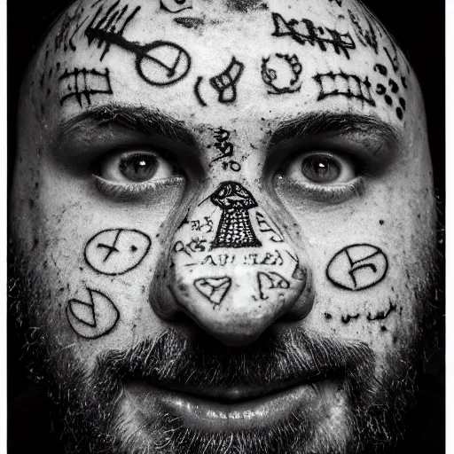 Prompt: symmetrical, close up face portrait of cannibal shia labouf, covered in sesame street tattoos, studio lighting, depth of field, photography, black and white, highly detailed