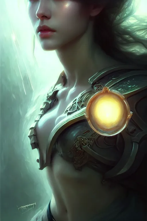 Prompt: beautiful necromancer girl, angels, wonderful eyes, three - dimensional rendering, hyperrealistic detailed portrait holding light and electricity, ruan jia, clap. scifi, fantasy, magic the gathering, over - detailed, octane rendering, concept art by artgerm, peter murbacher, detailed and complex environment