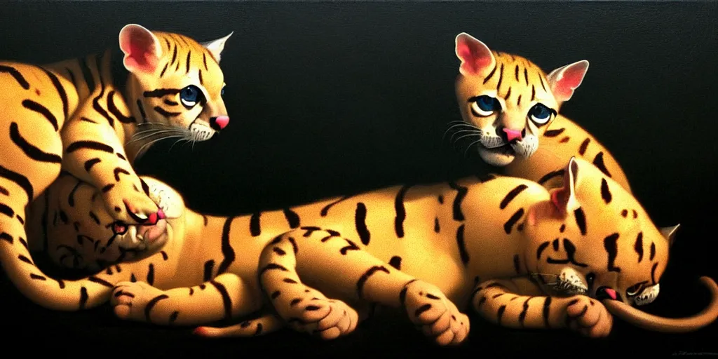 Image similar to ocelots in love, in the style of gottfried helnwein, high contrast chiaroscuro intricate composition, blue light by caravaggio, insanely quality, highly detailed, masterpiece, red light, artstation