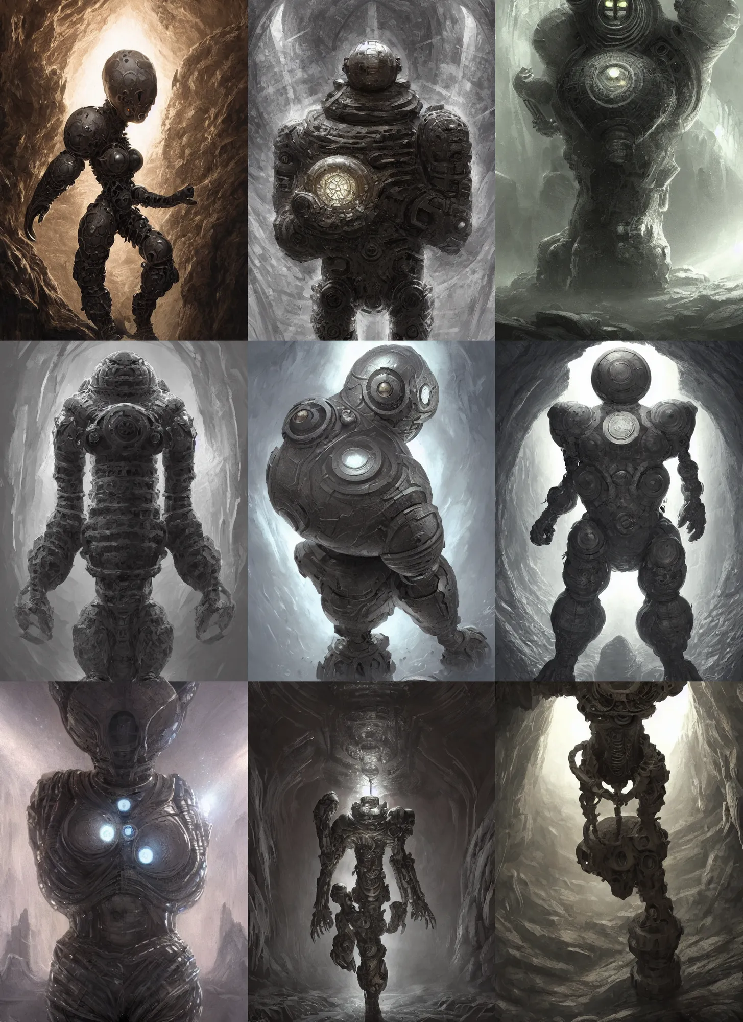 Prompt: steel silver spherical golem in dark cave, intricate, elegant, highly detailed, digital painting, artstation, concept art, smooth, sharp focus, illustration, giger, daren bader, aleksi briclot, mucha, rutkowski