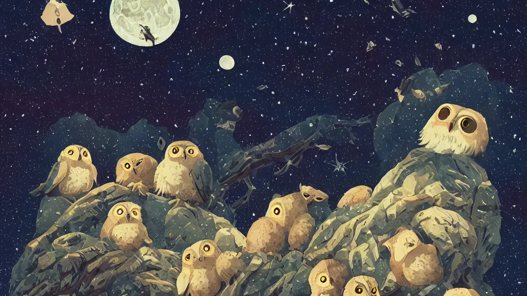 Prompt: very detailed, ilya kuvshinov, mcbess, rutkowski, watercolor quilt illustration of nest of baby owls at night, colorful, deep shadows, astrophotography, highly detailed, wide shot