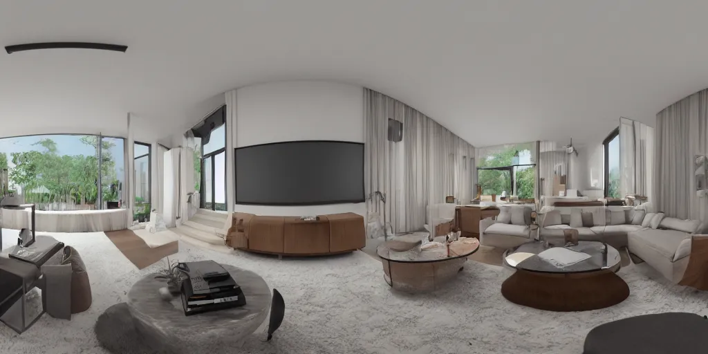 Image similar to Equirectangular GoPro VR render of a modern living room, natural colors, ambient occlusion, national geographic, 8k uhd