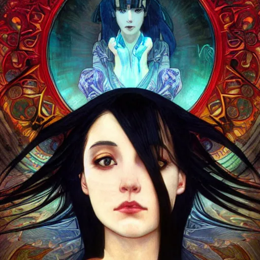 Image similar to portrait of a woman, long black hair, in front of a sci fi cityscape, by tetsuya nomura and annie swynnerton, makoto shinkai, alphonse mucha, detailed, cinematic, wide angle, dark sepia toned shading, luminescent eyes, detailed face, expressive eyes, blue fire everywhere, trending on artstation.