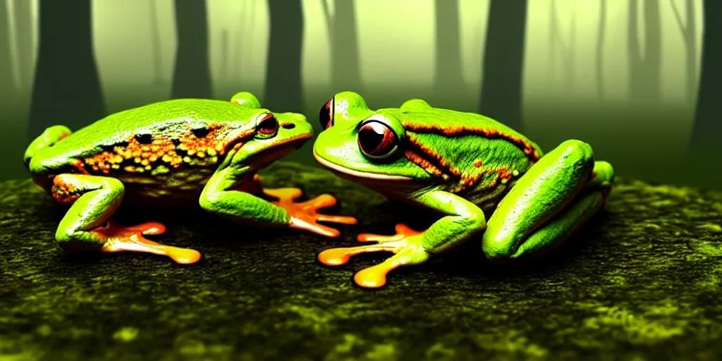 Prompt: A frog infected with fungus, foggy woodland swamp, golden hour, photorealistic 3D artwork