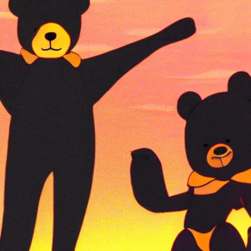 Image similar to happybears!, humanoid bears, bear costumes, happy faces, evil happy faces, rollerblading, rollerskates, four humanoid bears, 2 0 0 1 anime, flcl, golden hour, japanese town, cel - shaded, strong shadows, vivid hues, y 2 k aesthetic