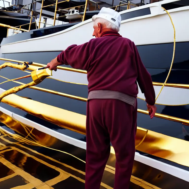 Image similar to wrinkled hunchbacked old man in musty burgundy suit, polishing painting the side of a huge gold plated mega yacht with a cloth, maintenance photo