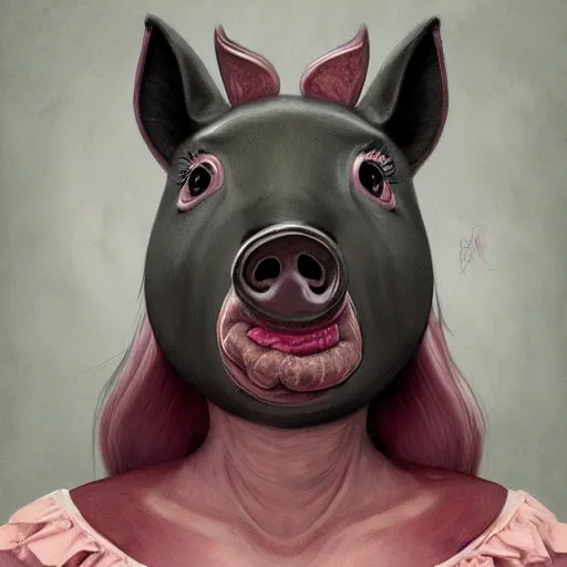 Image similar to dark fantasy character portrait of Peppa Pig, pig, animal, pig face, Peppa pig character, dramatic, unsettling, intricate, wild, highly detailed, digital painting, artstation, upper body, concept art, smooth, sharp focus, illustration, art by artgerm and greg rutkowski and alphonse mucha