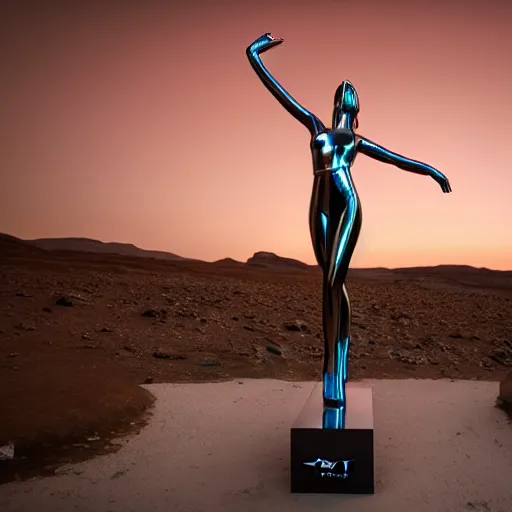 Prompt: 4 k hdr wide angle sony a 7 photo of a stainless steel shiny reflective woman female statue dancing on mars during a blue martian sunset