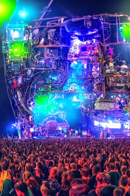 Image similar to a selfie at an outdoor festival stage with audience, on stage is a rockband with 3 steampunk robots with guitars and drums, center of the stage is a big steampunk generator, laser show, 8 k, fluorescent colors, halluzinogenic, multicolored, exaggerated detailed, unreal engine, 8 0 mm lens