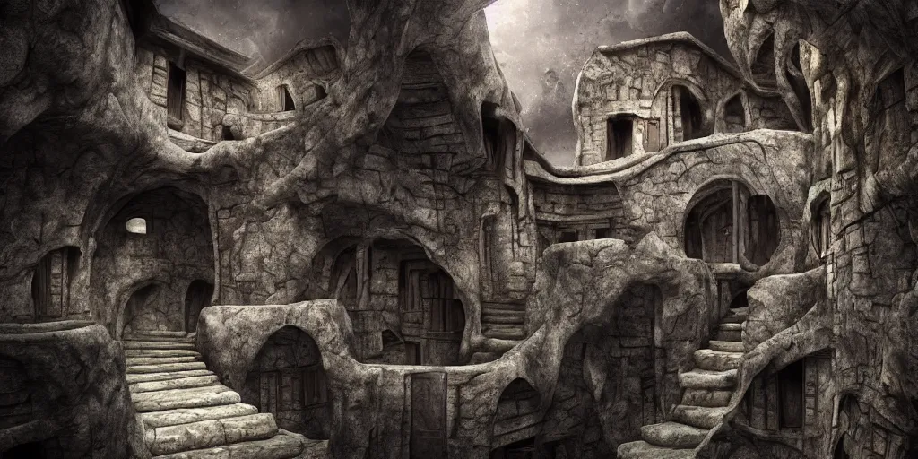 Image similar to very a deep chasm, houses are carved into the sidewalls, long winding stairs going down, 8 k, shallow depth of field, moody lighting, ultra high detail, concept art,