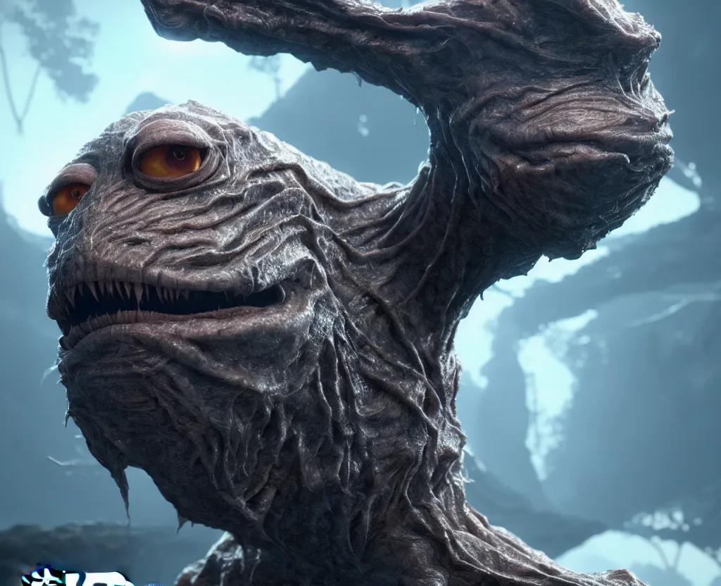 Prompt: super detailed poster of new high quality cg movie from digital domain and lucasfilm. image of wrinkled bump creature staring into camera, raytracing, strong volumetric light and subsurface scattering, style by arseniy korablev