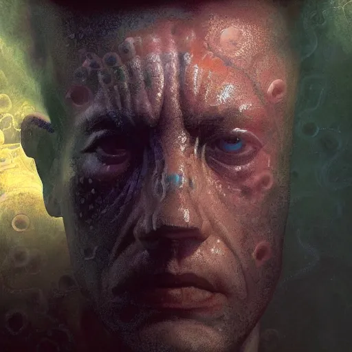 Prompt: dramatic full close - up portrait of a sad human! ( cephalopod ) hybrid, detailed, dimly light room, volumetric lighting, by craig mullins, by victo ngai