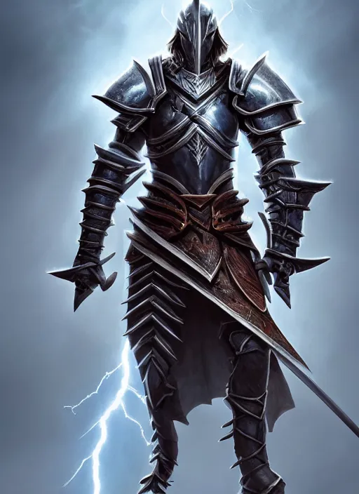 Prompt: portrait of an athletic male knight casting a lightning spell whilst walking near a lightning strike as a diablo 3 character, looking at camera, he is enveloped by lightning arcs, D&D, lightning master, short hair, intricate, elegant, stylish, cute smile, fantasy, extremely detailed, digital painting, artstation, concept art, smooth, sharp focus, illustration, ambient lighting, art by artgerm and greg rutkowski and alphonse mucha and simon stalenhag