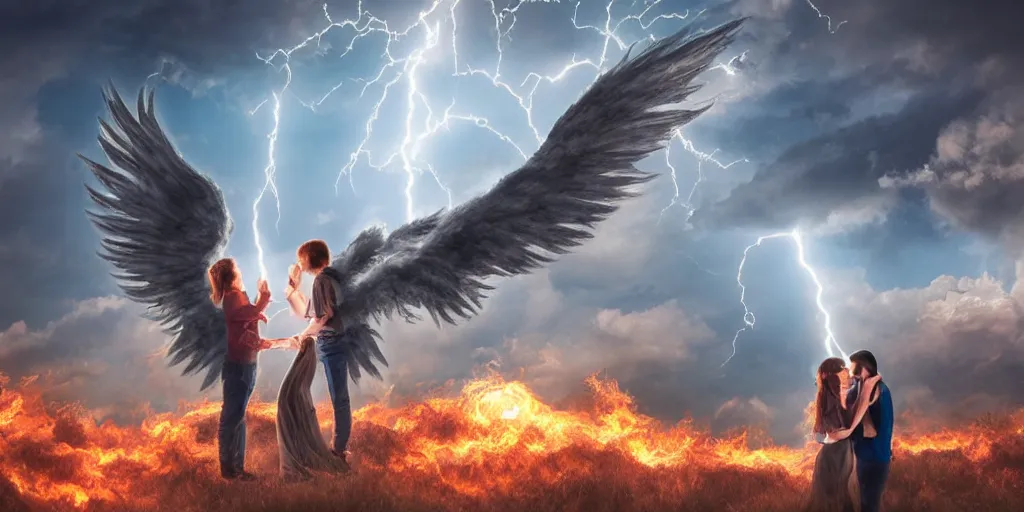 Prompt: young couple falling through clouds, winged angel kissing demon with tail. background clouds, illuminated by lightning and fire. highly detailed. photorealistic