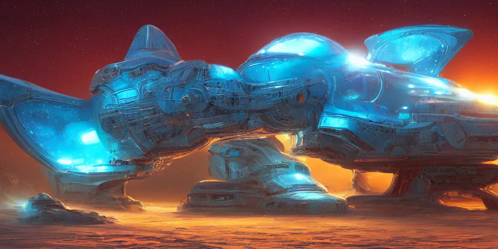 Image similar to legendary space ship, ice fish shape, desert planet, alien technology, cinematic, highly detailed, large blue engines, scifi, yellow windows and details, hyper realism, intricate digital painting, red glow, gigantic landing pad, scifi base, artstation, by johnson ting, jama jurabaev