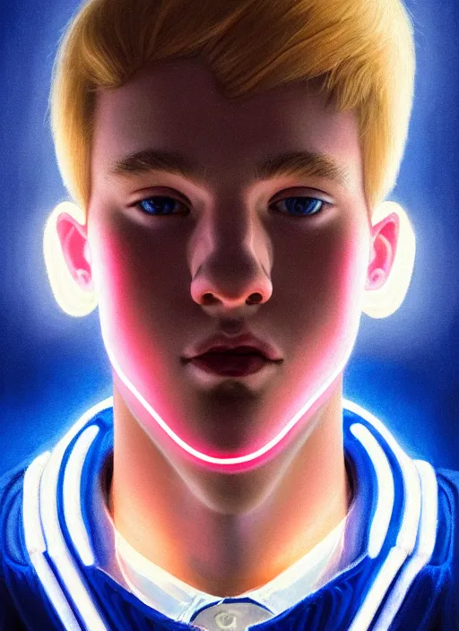 Image similar to portrait of high school senior boy named big moose, blonde short hair, jock, beefy, wide face, square jaw, square facial structure, blue varsity jacket with letter r, intricate, elegant, glowing lights, highly detailed, digital painting, artstation, concept art, sharp focus, illustration, art by wlop, mars ravelo and greg rutkowski