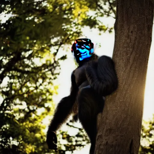 Image similar to rim light around fur of an ape on a tree, silhoutte, dim light, golden hour, tree top, dslr award winning photo, nikon