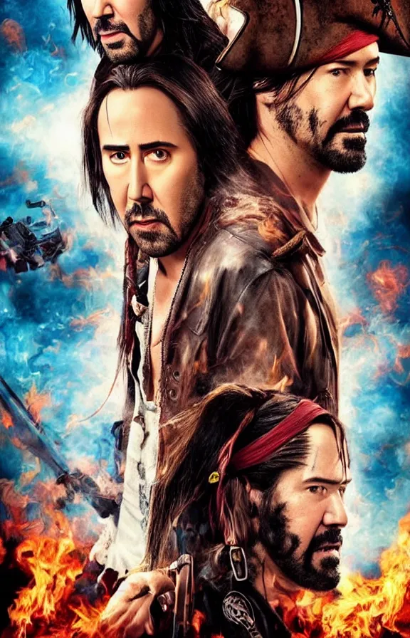 Prompt: Portrait of Nicolas Cage and Keanu Reeves wearing pirate hats, looking into the camera with serious faces, fiery explosion in the background, badass, cinematic, movie poster art