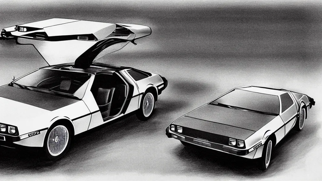 Prompt: 1965 DeLorean as designed by Ford concept drawing, catalog print