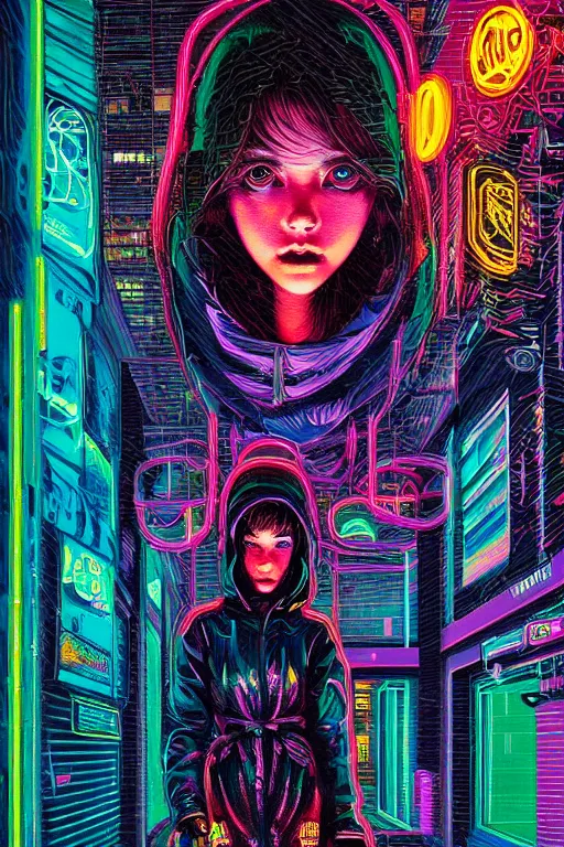 Image similar to dreamy cyberpunk girl, neon rain coat, detailed acrylic, intricate complexity, by dan mumford and by alberto giacometti, peter lindbergh