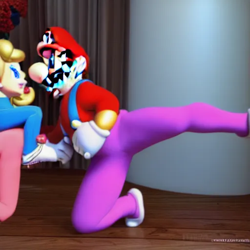 Prompt: super mario in tights kissing princess peach in yoga pants, highly detailed, extremely high quality, hd, 4 k, 8 k, canon 3 0 0 mm, professional photographer, 4 0 mp, lifelike, top - rated, award winning, realistic, detailed lighting, detailed shadows, sharp, no blur, edited, corrected, trending