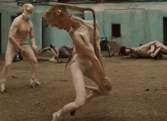 Image similar to a violent dance scene from a feature film by matthew barney, alejandro jodorowsky, roger ballen and wes anderson : : retro futurism, pagan occultism, sideshow circus : : anamorphic lens, kodakchrome : : 8 k