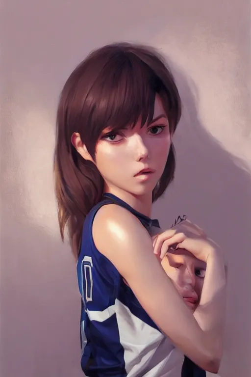 Image similar to A ultradetailed beautiful panting of a stylish girl wearing a basketball jersey, Oil painting, by Ilya Kuvshinov, Greg Rutkowski and Makoto Shinkai