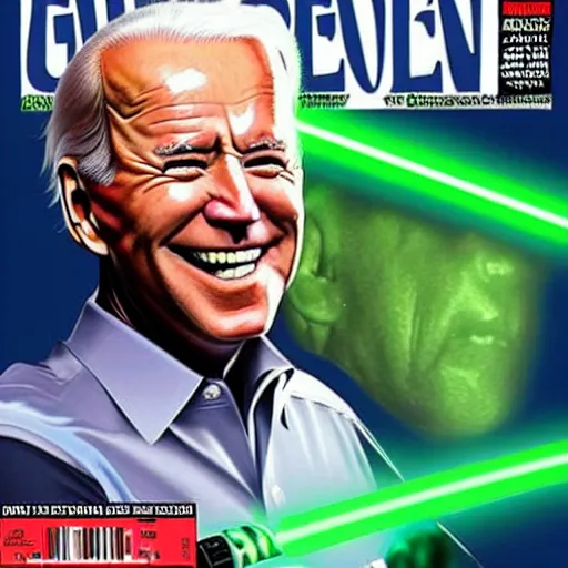 Prompt: joe biden as a jedi with green lightsaber cover of magazine. High quality.