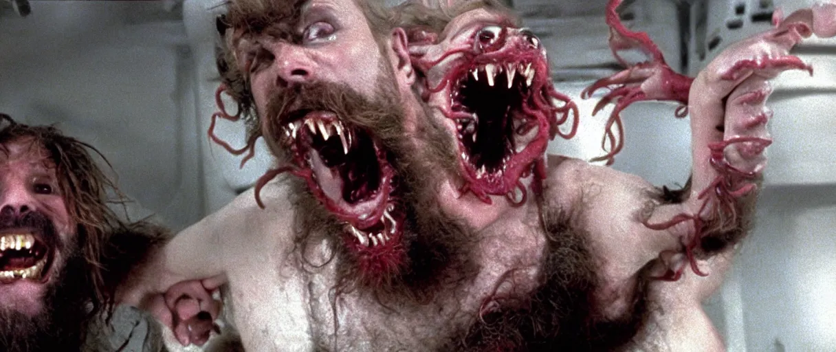 Image similar to filmic extreme wide shot movie still 4k UHD interior 35mm film color photograph of a bearded man with living teeth and tentacles grabbing another man who is screaming OH MY GOD in the style of the horror film The Thing 1982