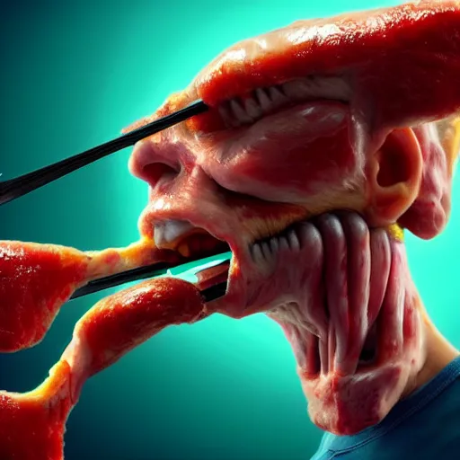 Image similar to jim carrey is fused into a meat stick, hyperdetailed, artstation, cgsociety, 8 k