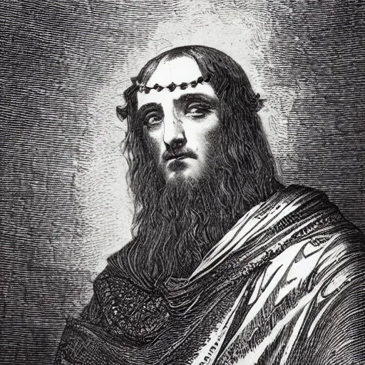 Image similar to closeup portrait of lord macbeth, the thane of glamis, high detail, illustration by gustave dore