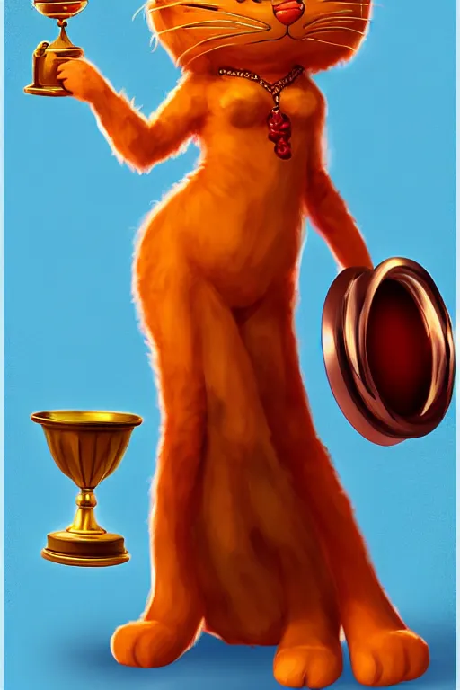 Image similar to fullbody!! personification of garfield the cat garfield goddess holding a blood chalice, stunning, professional character concept art by tatyana kupriyanova