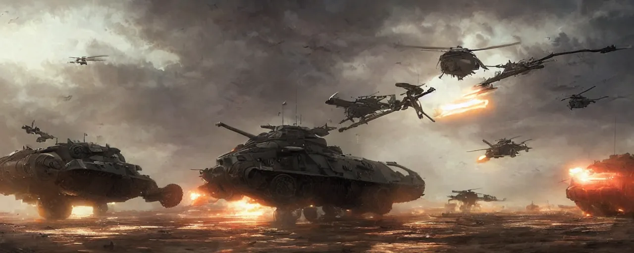 Prompt: a futuristic cyberpunk helicopter in war scene, tank combat in the battlefield, epic scene, by greg rutkowski