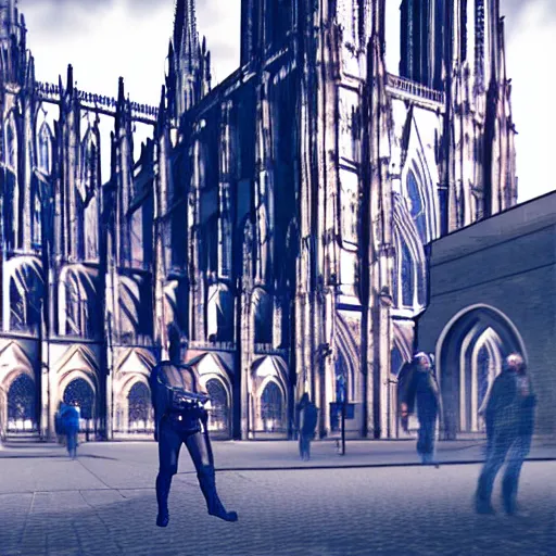 Prompt: a hyper real comic book style portait painting of the cathedral of cologne germany in the distant future with robots around, unreal 5, hyperrealistic, octane render, cosplay, rpg portrait, dynamic lighting