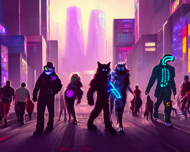 Image similar to high - resolution photograph from a cyberpunk era furry fandom convention ( midwest furfest 2 0 4 7 ), taking place after the genetic revolution and singularity. photorealistic.