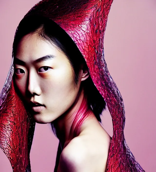 Image similar to photography facial portrait of liu wen, natural background, natural pose, wearing stunning cape by iris van herpen, with a colorfull makeup. highly detailed, skin grain detail, photography by paolo roversi, nick knight, helmut newton, avedon, araki