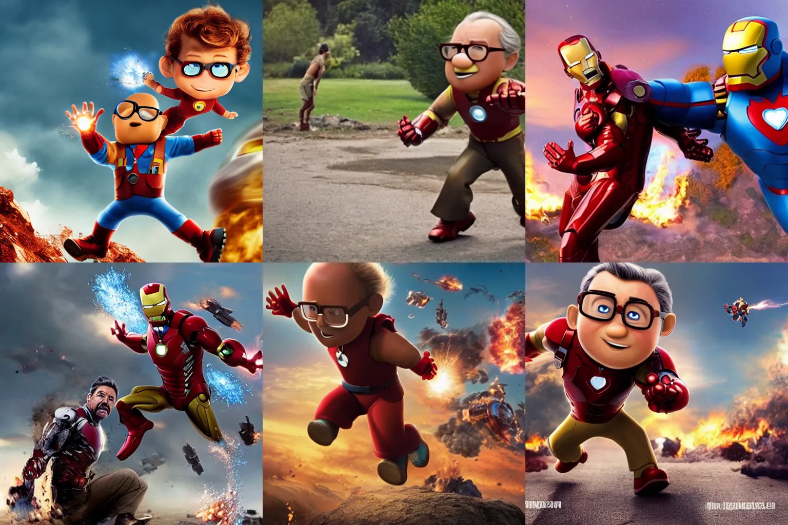 Prompt: Mr fredrickson from Up fighting with iron man, Epic war, professional photography