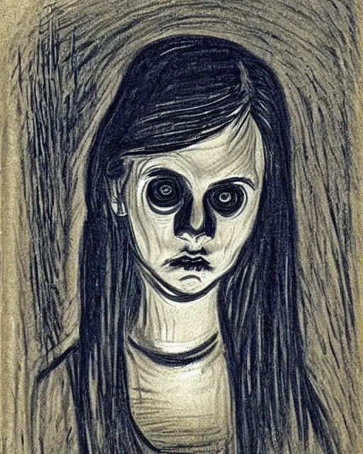 Image similar to scary portrait of a young female with glowing eyes, drawing by Edvard Munch