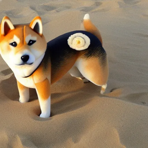 Image similar to shiba inu dog ( doge ) made of sand