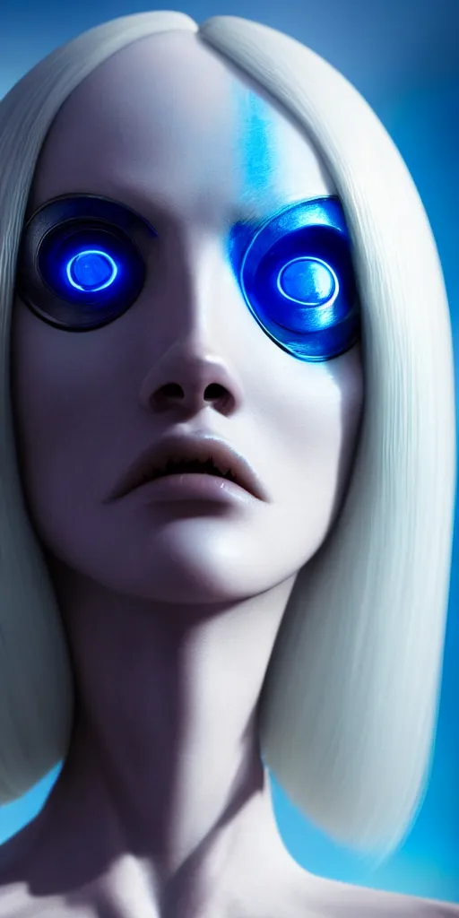 Prompt: hyperrealistic close-up of art deco cyborg woman with white hair and pearlescent blue skin wayne barlowe machiej kuciara very dramatic lighting on one side wide angle 35mm shallow depth of field 8k