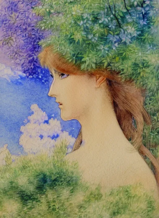 Prompt: vintage 7 0 s anime watercolor, a portrait of a man enshrouded in an impressionist watercolor, representation of mother nature and the meaning of life in the background by william holman hunt, art by cicley mary barker, thick impressionist watercolor brush strokes, portrait painting by daniel garber, minimalist simple pen and watercolor