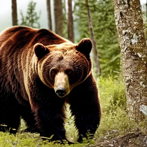 Image similar to film still of bear grylls in a bear costume